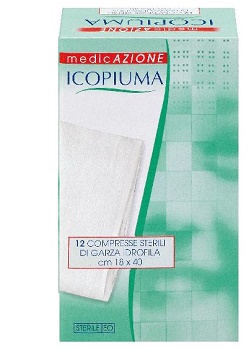 ICOPIUMA GARZA COMPRESSA IDROFILA IN COTONE PIEGATA STERILE SENZA FILO DI BARIO TITOLO 12/8 MISURA 18X40 CM IN BUSTA SINGOLA 12 PEZZI - farmasconti.eu