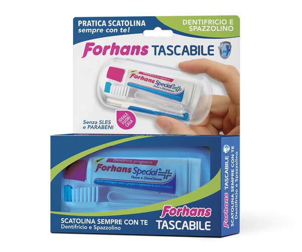 FORHANS TRAVEL KIT TASCABILE COMPOSTO DA SPAZZOLINO DA VIAGGIO + FORHANS SPECIAL PASTA DENTIFRICIA TUBETTO 12,5 ML - farmasconti.eu