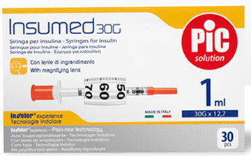 SIRINGA INSULINA PIC INSUMED 1 ML 100 UI AGO GAUGE 30 12,7 MM SENZA SPAZIO MORTO 30 PEZZI - farmasconti.eu