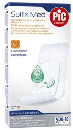 CEROTTO PIC SOFFIX MED IN TNT CON TAMPONE CENTRALE ASSORBENTE STERILE MONOUSO 10X20 CM ANTIBATTERICO 5 PEZZI - farmasconti.eu
