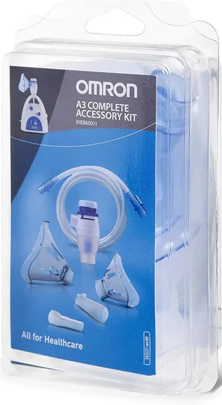 OMRON A3 COMPLETE KIT RICAMBIO AMPOLLA REGOLABILE + TUBO + MASCHERINA PEDIATRICA + MASCHERINA ADULTI + FORCELLE NASALI + BOCCAGLIO - farmasconti.eu