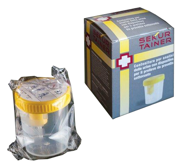 CONTENITORE PER URINA SEKUR TRAINER CON TAPPO A VITE E SONDA PER PRELIEVO DA PROVETTA SOTTOVUOTO 120ML - farmasconti.eu