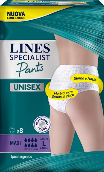LINES SPECIALIST PANTS MAXI L X 8 PANNOLONE MUTANDINA INDOSSABILE COME NORMALE BIANCHERIA TIPO PULL-ON - farmasconti.eu