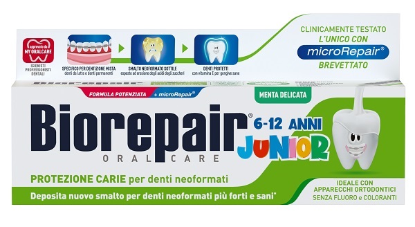 BIOREPAIR ORAL CARE JUNIOR 6-12 ANNI DENTIFRICIO PROTEZIONE ANTI CARIE SMALTO NEOFORMATO ALLA MENTA DELICATA 75 ML - farmasconti.eu