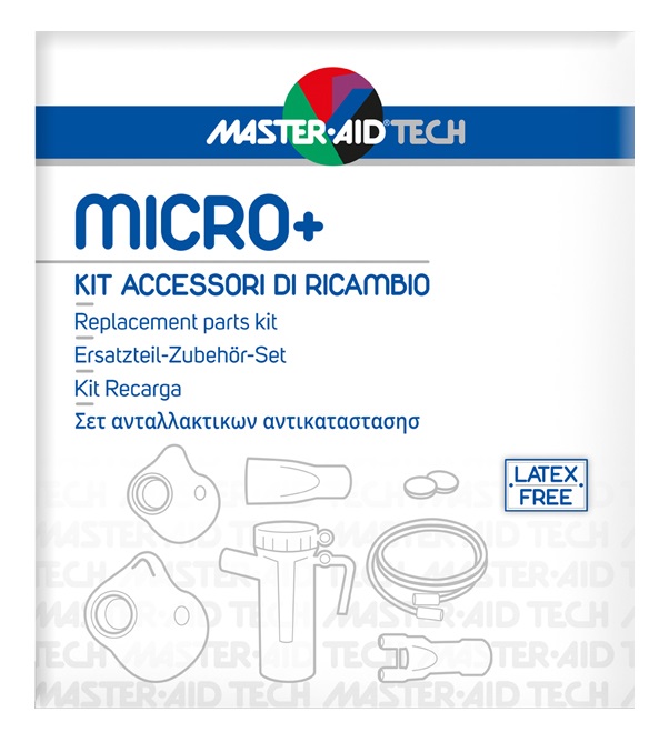MASTER AID TECH MICRO+ KIT ACCESSORI DI RICAMBIO: AMPOLLA + MASCHERA ADULTI + MASCHERA BAMBINI + 2 FILTRI ARIA + BOCCAGLIO + FORCELLA NASALE + TUBO RACCORDO PVC - farmasconti.eu