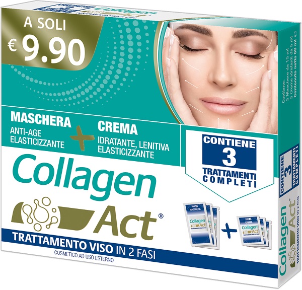 COLLAGEN ACT TRATTAMENTO VISO 2 FASI MASCHERA ANTI AGE ELASTICIZZANTE 3 PEZZI DA 15 ML + CREMA IDRATANTE LENITIVA ELASTICIZZANTE 3 PEZZI DA 5 ML - farmasconti.eu
