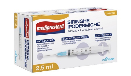 SIRINGA IPODERMICA MEDIPRESTERIL AGO 23 GAUGE 1 1/4 0,6X30MM 2,5 ML 10 PEZZI - farmasconti.eu
