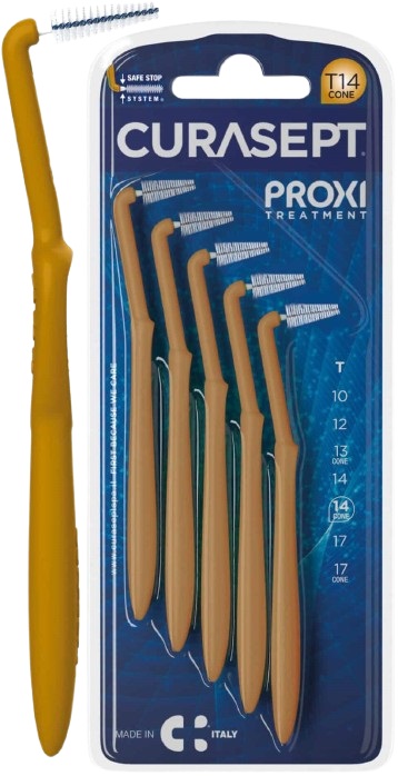 SCOVOLINO CURASEPT PROXI ANGLE MISURA T14 CONICO ISO 4 COLORE OCRA DIAMETRO 1,4 MM 5 PEZZI - farmasconti.eu