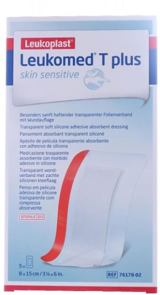 LEUKOMED T PLUS SKIN SENSITIVE MEDICAZIONE POST-OPERATORIA TRASPARENTE IMPERMEABILE CON MASSA ADESIVA AL SILICONE 8X15CM 5 PEZZI - farmasconti.eu