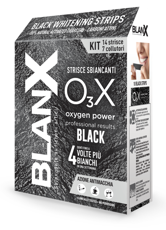 BLANX O3X BLACK STRISCE SBIANCANTI E ANTIMACCHIA 14 PEZZI - farmasconti.eu