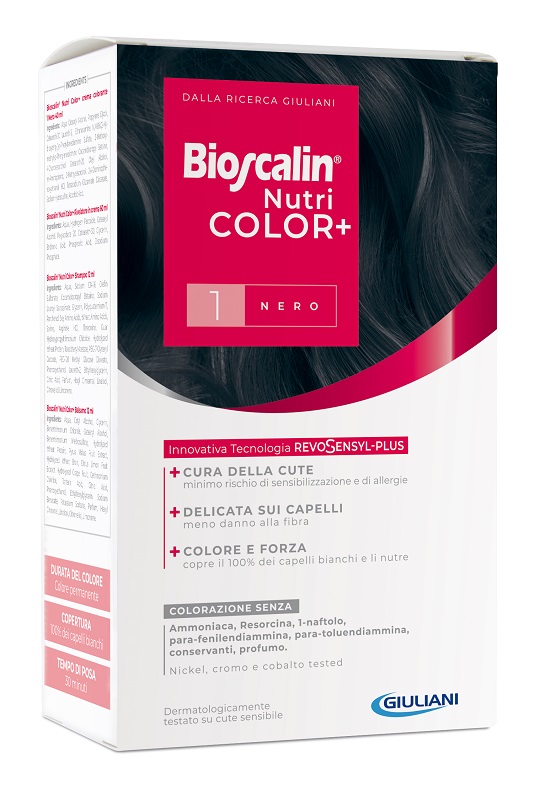BIOSCALIN NUTRICOLOR PLUS 1 NERO CREMA COLORANTE 40 ML + RIVELATORE CREMA 60 ML + SHAMPOO 12 ML + TRATTAMENTO FINALE BALSAMO 12 ML - farmasconti.eu