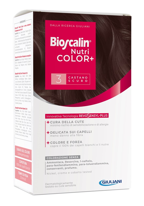 BIOSCALIN NUTRICOLOR PLUS 3 CASTANO SCURO CREMA COLORANTE 40 ML + RIVELATORE CREMA 60 ML + SHAMPOO 12 ML + TRATTAMENTO FINALE BALSAMO 12 ML - farmasconti.eu