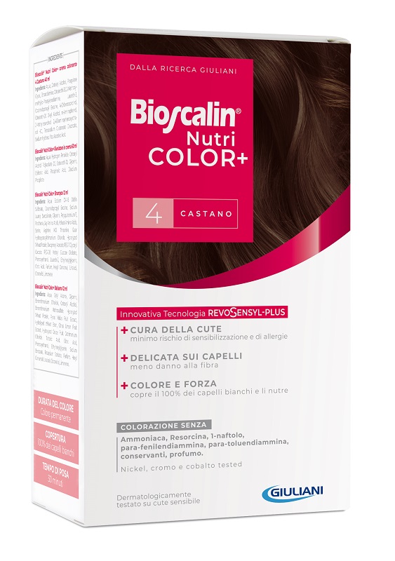 BIOSCALIN NUTRICOLOR PLUS 4 CASTANO CREMA COLORANTE 40 ML + RIVELATORE CREMA 60 ML + SHAMPOO 12 ML + TRATTAMENTO FINALE BALSAMO 12 ML - farmasconti.eu