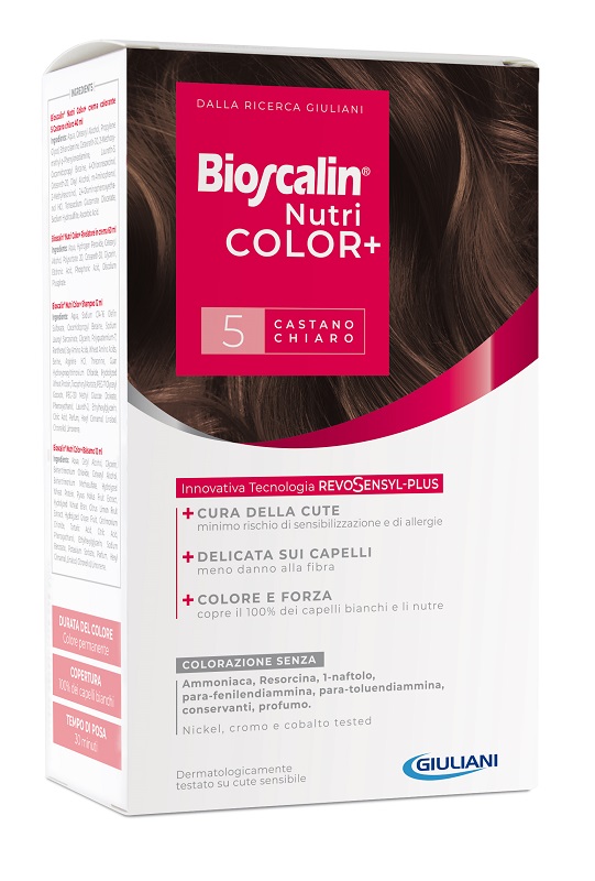 BIOSCALIN NUTRICOLOR PLUS 5 CASTANO CHIARO CREMA COLORANTE 40 ML + RIVELATORE CREMA 60 ML + SHAMPOO 12 ML + TRATTAMENTO FINALE BALSAMO 12 ML - farmasconti.eu