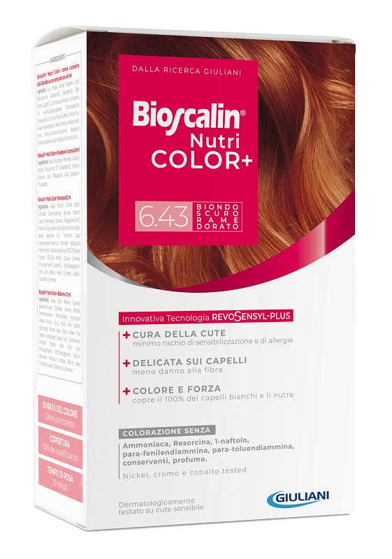 BIOSCALIN NUTRICOLOR PLUS 6,43 BIONDO SCURO RAME DORATO CREMA COLORANTE 40 ML + RIVELATORE CREMA 60 ML + SHAMPOO 12 ML + TRATTAMENTO FINALE BALSAMO 12 ML - farmasconti.eu