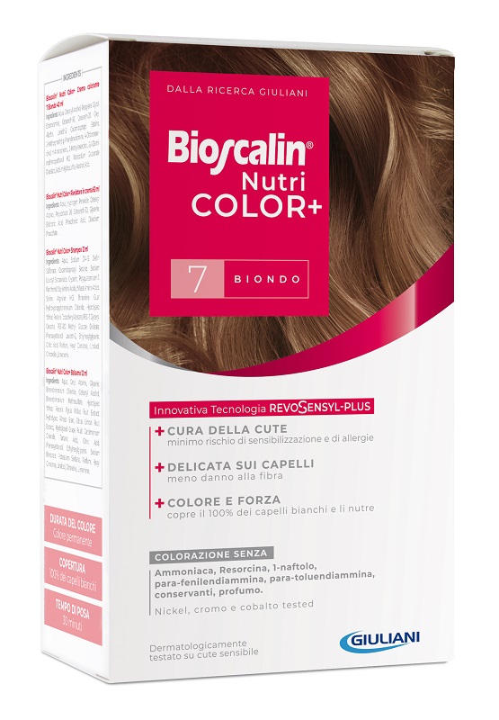 BIOSCALIN NUTRICOLOR PLUS 7 BIONDO CREMA COLORANTE 40 ML + RIVELATORE CREMA 60 ML + SHAMPOO 12 ML + TRATTAMENTO FINALE BALSAMO 12 ML - farmasconti.eu