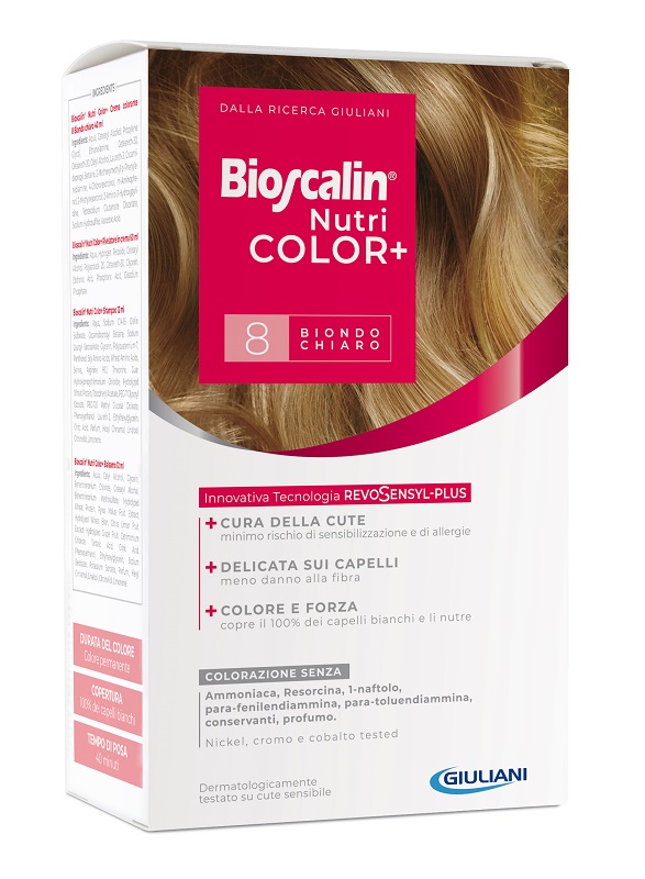 BIOSCALIN NUTRICOLOR PLUS 8 BIONDO CHIARO CREMA COLORANTE 40 ML + RIVELATORE CREMA 60 ML + SHAMPOO 12 ML + TRATTAMENTO FINALE BALSAMO 12 ML - farmasconti.eu