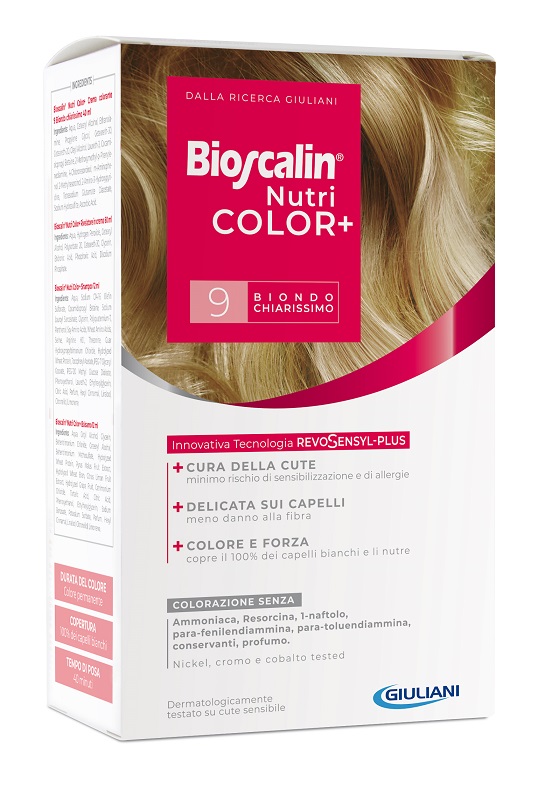 BIOSCALIN NUTRICOLOR PLUS 9 BIONDO CHIARISSIMO CREMA COLORANTE 40 ML + RIVELATORE CREMA 60 ML + SHAMPOO 12 ML + TRATTAMENTO FINALE BALSAMO 12 ML - farmasconti.eu