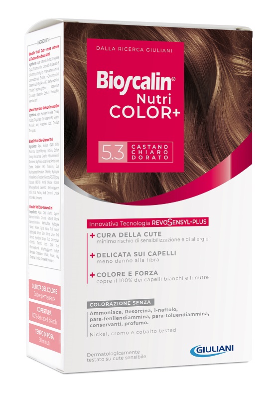 BIOSCALIN NUTRICOLOR PLUS 5,3 CASTANO CHIARO DORATO CREMA COLORANTE 40 ML + RIVELATORE CREMA 60 ML + SHAMPOO 12 ML + TRATTAMENTO FINALE BALSAMO 12 ML - farmasconti.eu