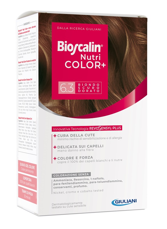 BIOSCALIN NUTRICOLOR PLUS 6,3 BIONDO SCURO DORATO CREMA COLORANTE 40 ML + RIVELATORE CREMA 60 ML + SHAMPOO 12 ML + TRATTAMENTO FINALE BALSAMO 12 ML - farmasconti.eu