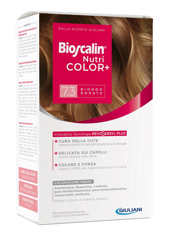BIOSCALIN NUTRICOLOR PLUS 7,3 BIONDO DORATO CREMA COLORANTE 40 ML + RIVELATORE CREMA 60 ML + SHAMPOO 12 ML + TRATTAMENTO FINALE BALSAMO 12 ML - farmasconti.eu