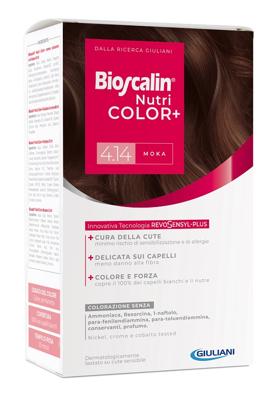 BIOSCALIN NUTRICOLOR PLUS 4,14 MOKA CREMA COLORANTE 40 ML + RIVELATORE CREMA 60 ML + SHAMPOO 12 ML + TRATTAMENTO FINALE BALSAMO 12 ML - farmasconti.eu