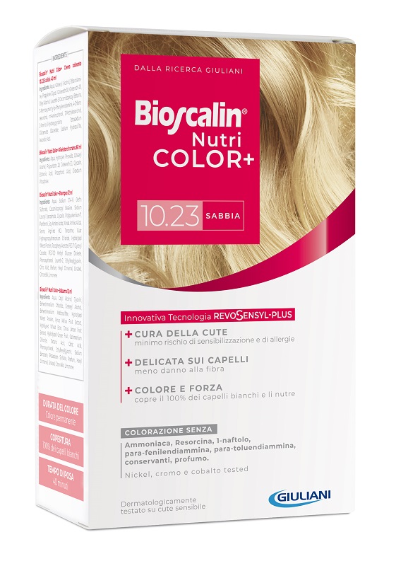 BIOSCALIN NUTRICOLOR PLUS 10,23 SABBIA CREMA COLORANTE 40 ML + RIVELATORE CREMA 60 ML + SHAMPOO 12 ML + TRATTAMENTO FINALE BALSAMO 12 ML - farmasconti.eu