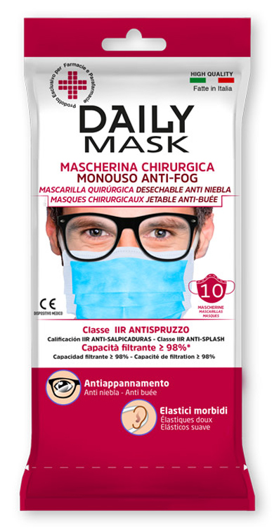 MASCHERINA CHIRURGICA MONOUSO ANTI-FOG DAILY MASK TIPO IIR TRE TNT STRATI ANTISPRUZZO 10 PEZZI - farmasconti.eu