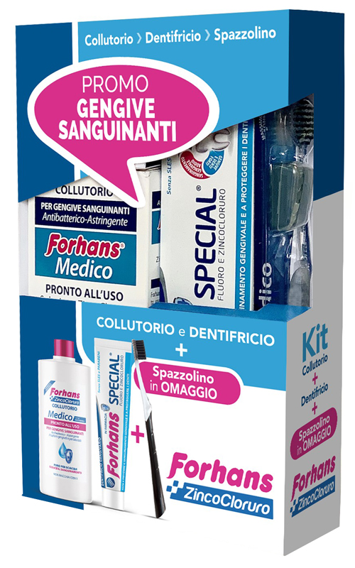 FORHANS KIT GENGIVE SANGUINANTI 1 FORHANS COLLUTORIO MEDICO 250 ML + 1 FORHANS DENTIFRICIO SPECIAL 75 ML + 1 FORHANS SPAZZOLINO MEDICO IN OMAGGIO - farmasconti.eu