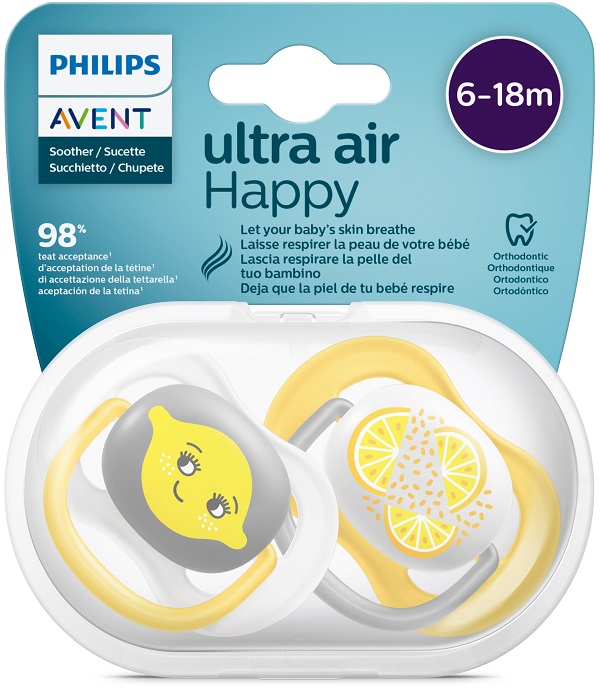 AVENT ULTRA AIR CIUCCIO ORTODONTICO 6-18 MESI NEUTRO/LIMONI 2 PEZZI - farmasconti.eu