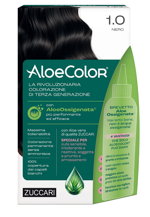 ALOECOLOR 1,0 NERO TINTA PERMANENTE CAPELLI COLORE AD ALTA PIGMENTAZIONE 50 ML + RIVELATORE ALOEOSSIGENATA 75 ML + SHAMPOO ALOECARE 15 ML + GUANTI - farmasconti.eu